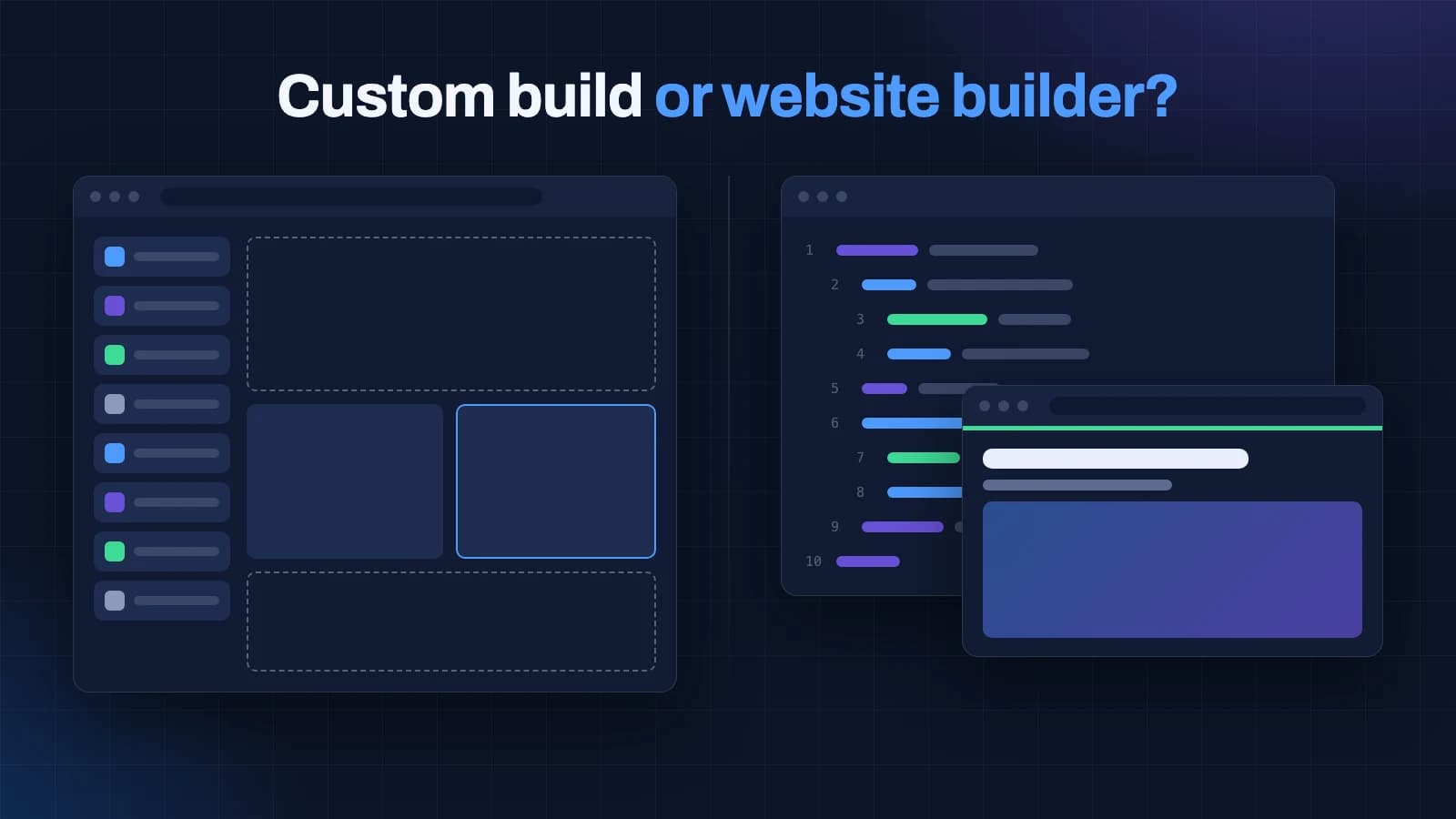 Illustration for the article Custom web development vs website builders and templates: cost, speed and when each pays off