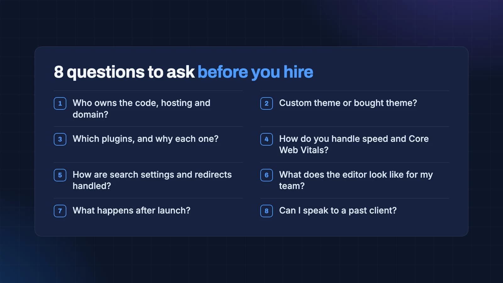Checklist of eight questions to ask a WordPress development company before hiring them