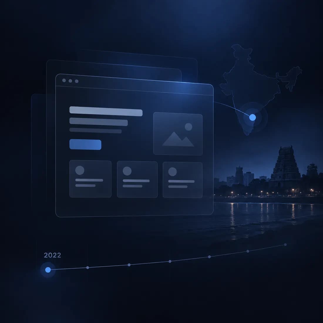 A website layout beside an outline of India with Chennai pinned, above a night view of the Chennai shoreline and a temple.