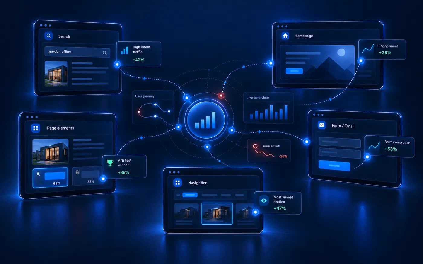 Screens around a central analytics dial: a search result, a homepage, a navigation test with one layout winning, and a form, each linked to the behaviour recorded on it.