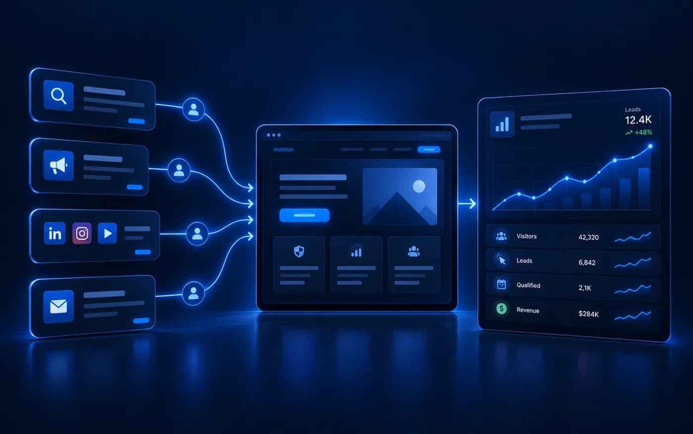 Search, advertising, social and email all feeding into one website, and the website feeding a dashboard of visitors, leads, qualified leads and revenue.