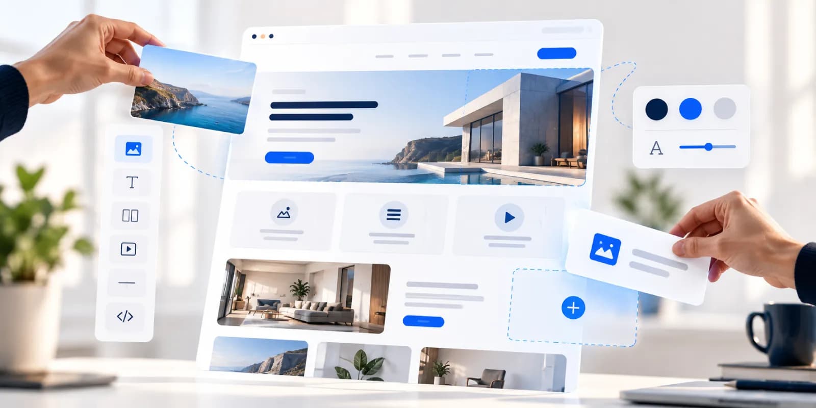 Hands placing blocks into a website layout, with type and colour controls beside it