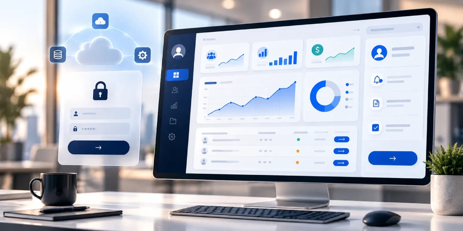 A monitor showing a dashboard of charts, with cloud, settings and sign-in panels around it
