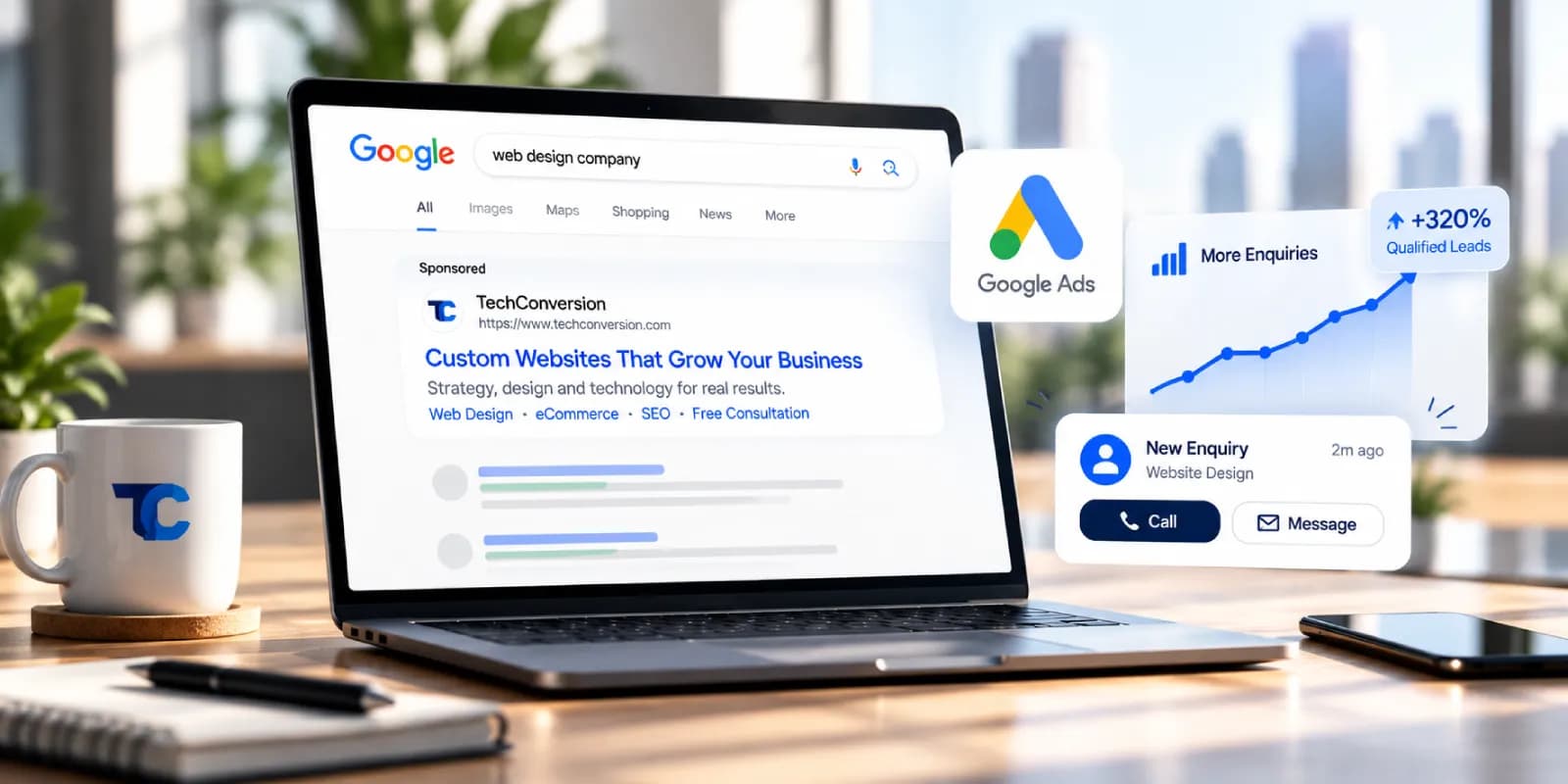 A laptop showing a sponsored Google result for Tech Conversion, with an enquiries chart and a new enquiry alert beside it