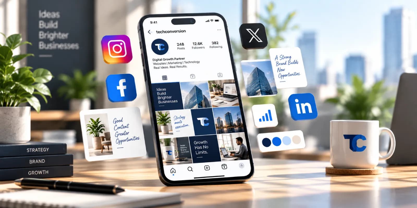 A phone showing a Tech Conversion social profile, with Instagram, Facebook, X and LinkedIn marks around it