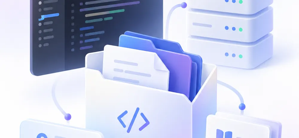 A code editor, a folder of source files, servers, an access key and documentation