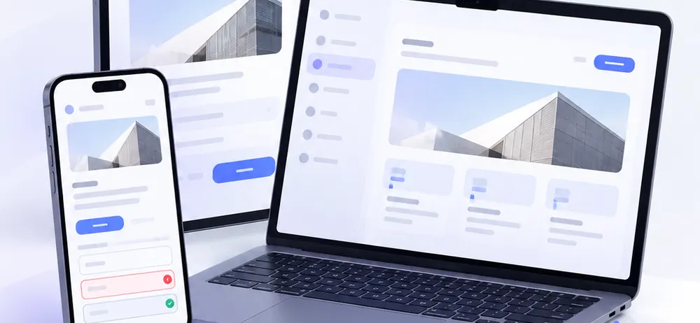 One site shown on a phone, a tablet and a laptop, with performance and accessibility checks beside it