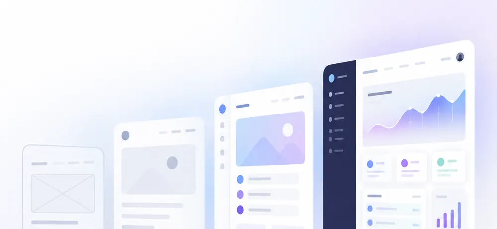 A design moving through four stages, from wireframe to finished interface, with a checkpoint at each